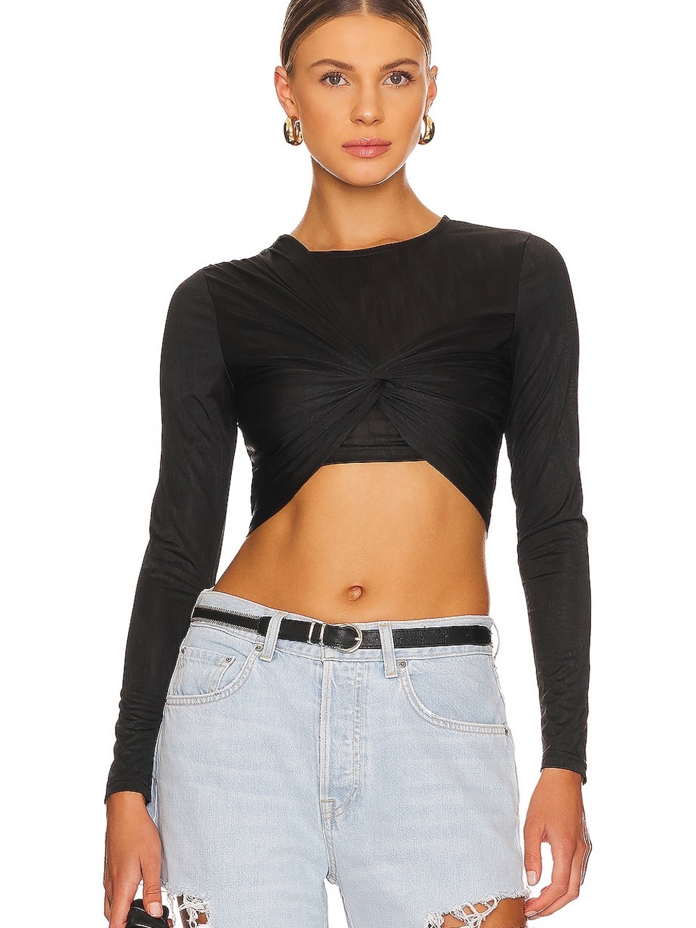 Superdown REVOLVE Drew Twist Front Long Sleeve Crop Top Black Size Small